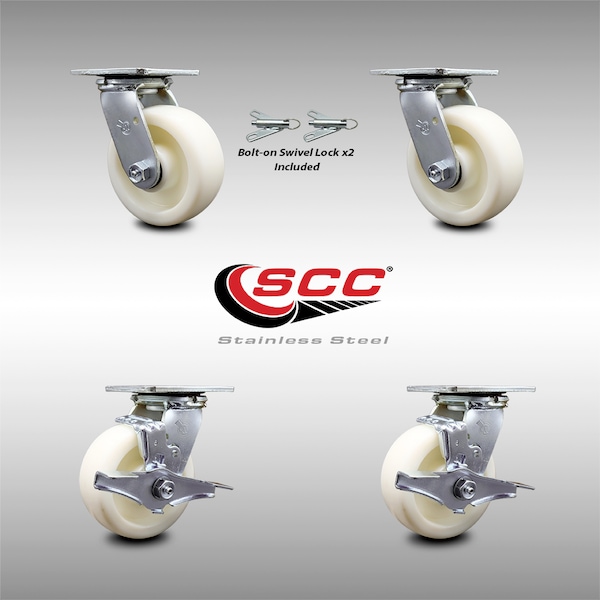 5 Inch Stainless Steel Nylon Caster Set with Ball Bearings 2 Swivel Lock 2 Brake